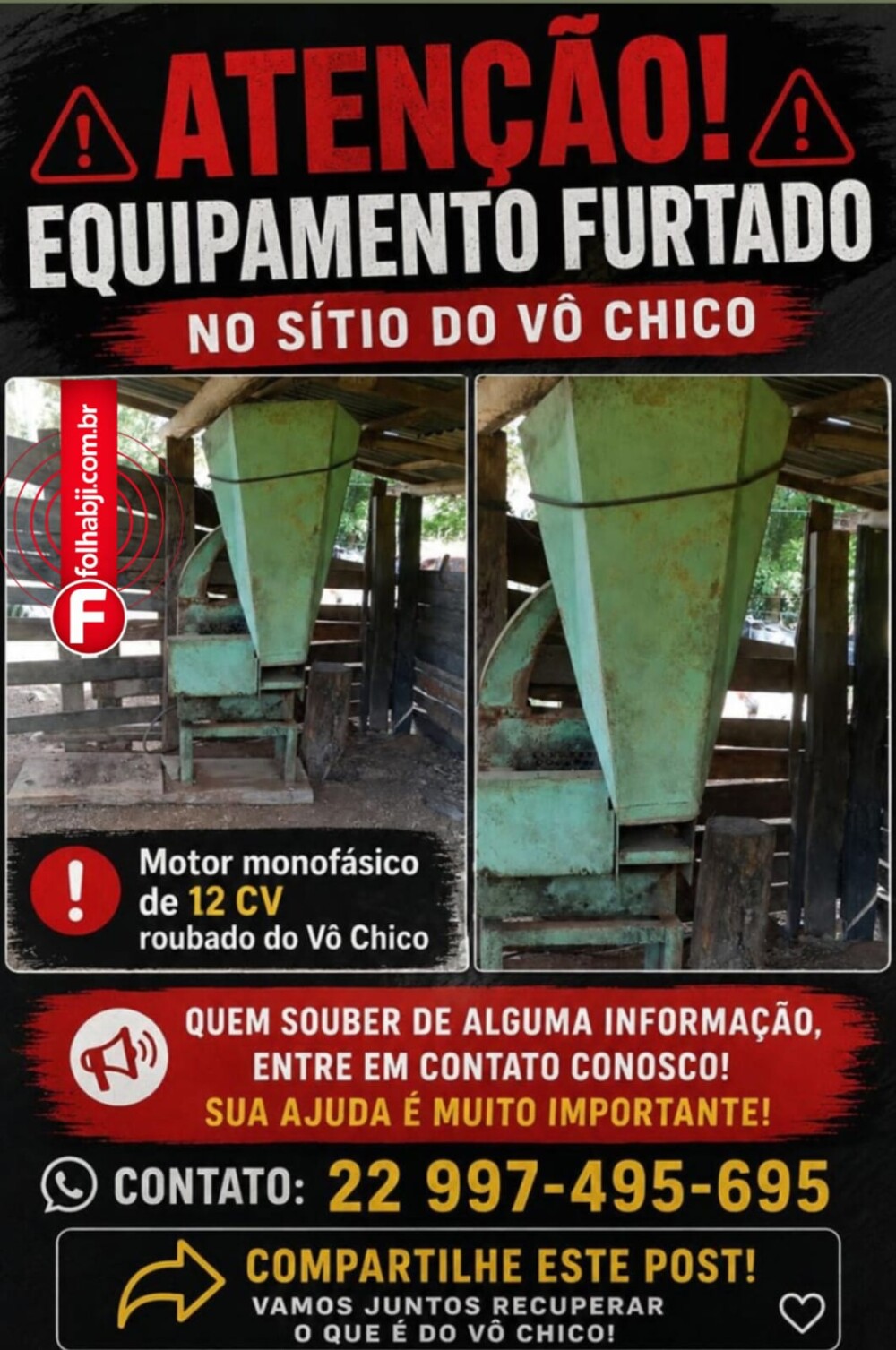 Motor de 12 CV é furtado de propriedade rural e família pede ajuda para localizar equipamento