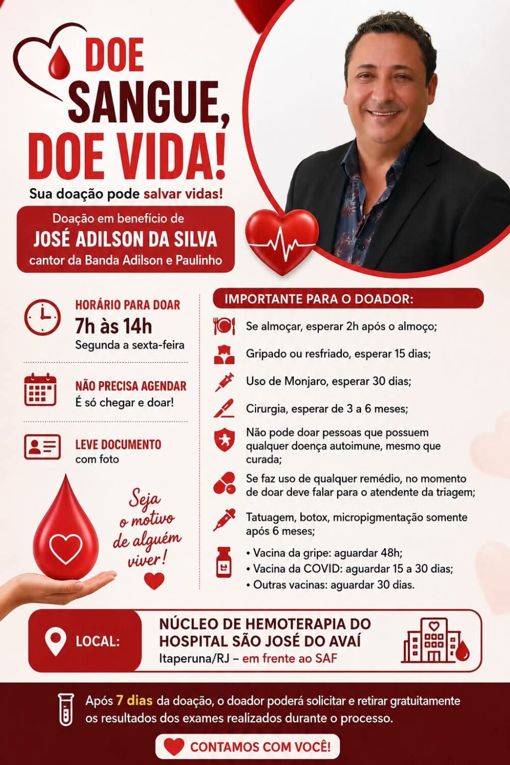 Cantor José Adilson precisa de doação de sangue; veja onde doar e como ajudar em Itaperuna